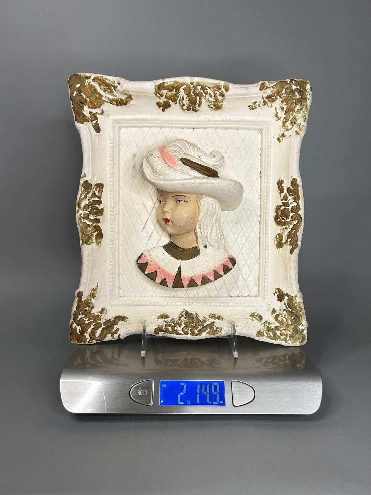 Chalk ware feathered Victorian bust set in ornate square gilt frame