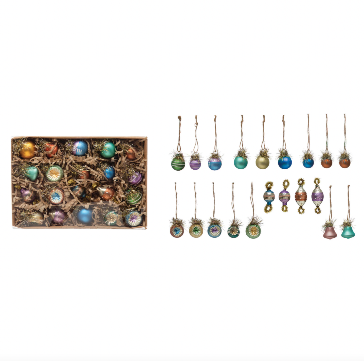 Glass Ornaments with Tinsel, Boxed Set of 20