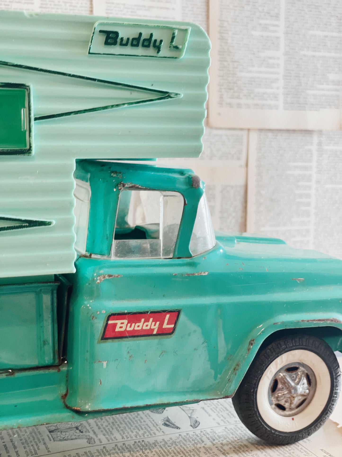Vintage Turquoise Buddy L Camper Toy Truck