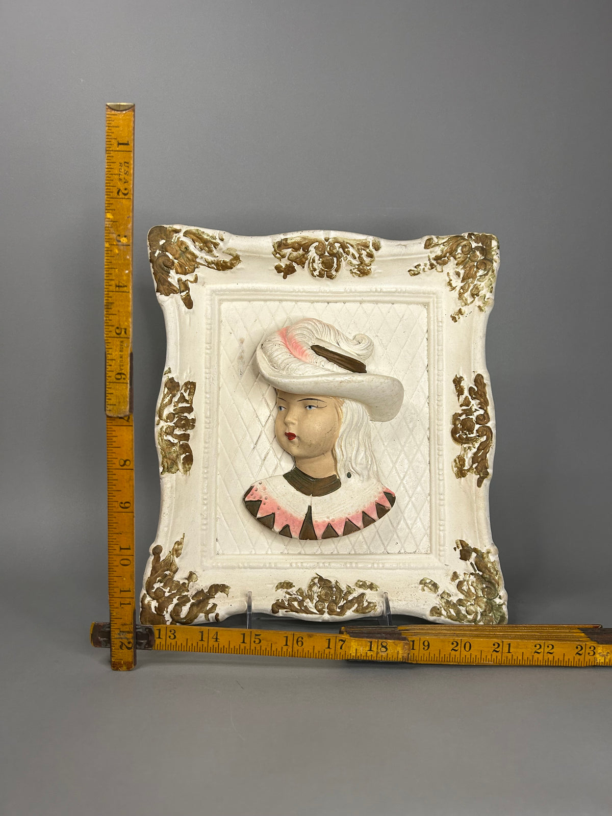 Chalk ware feathered Victorian bust set in ornate square gilt frame