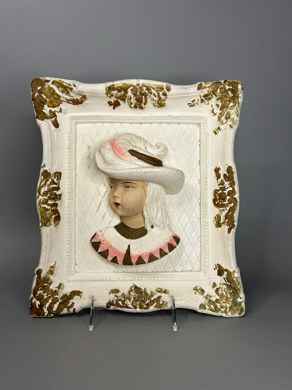 Chalk ware feathered Victorian bust set in ornate square gilt frame