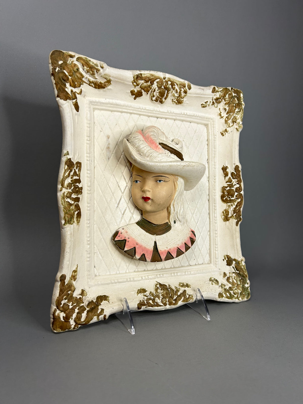 Chalk ware feathered Victorian bust set in ornate square gilt frame