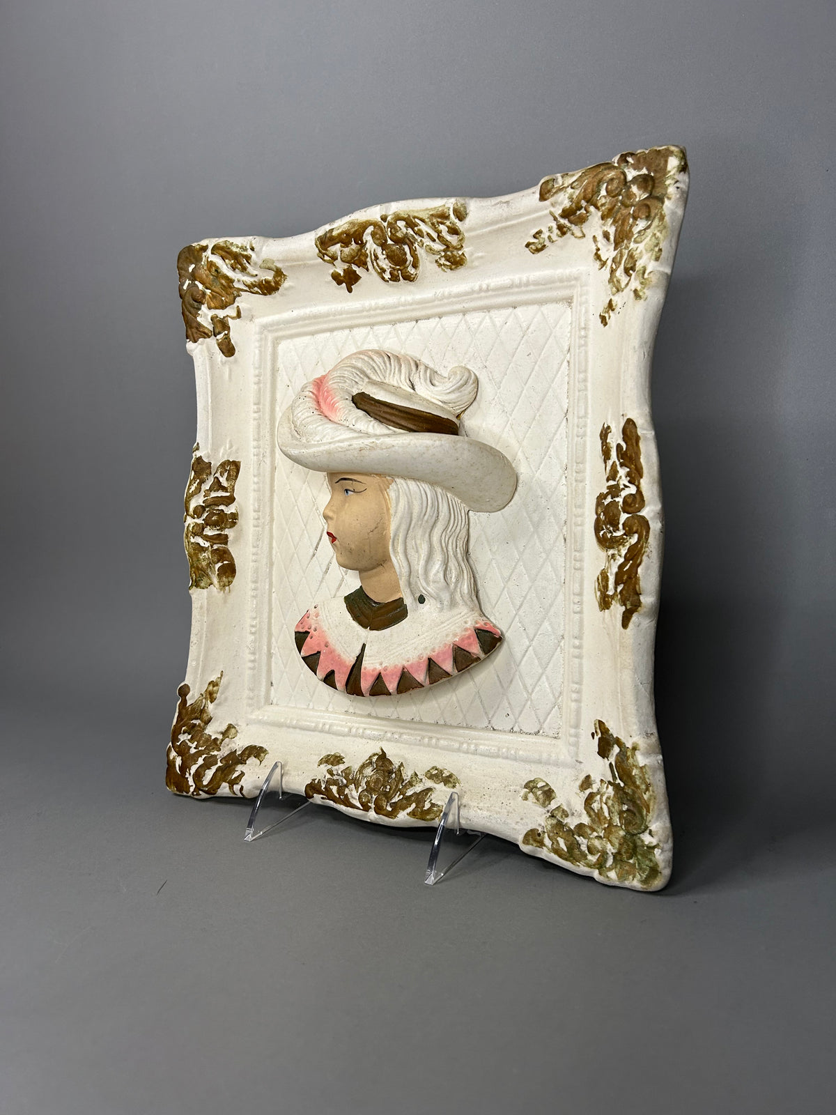 Chalk ware feathered Victorian bust set in ornate square gilt frame