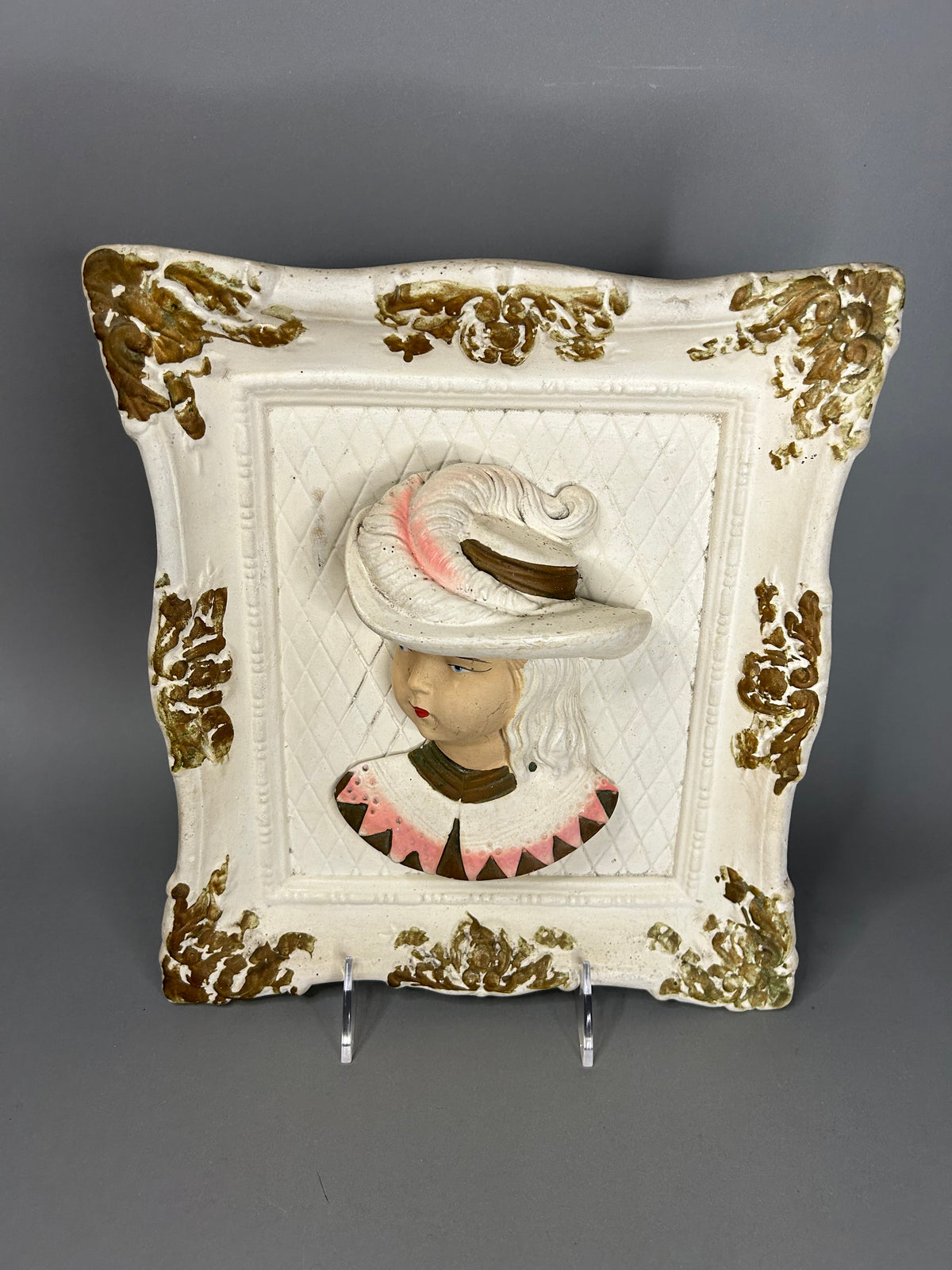 Chalk ware feathered Victorian bust set in ornate square gilt frame
