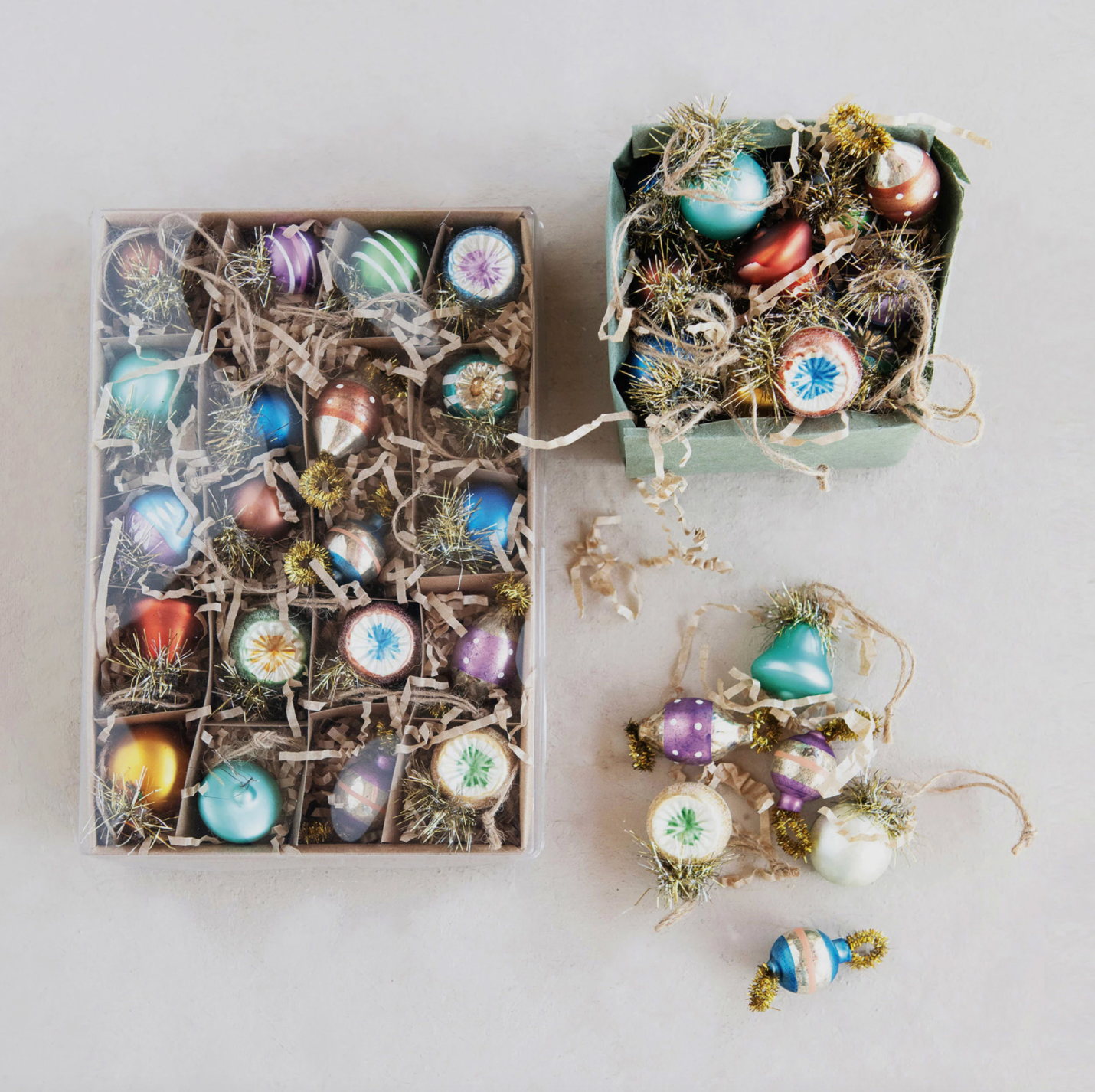 Glass Ornaments with Tinsel, Boxed Set of 20