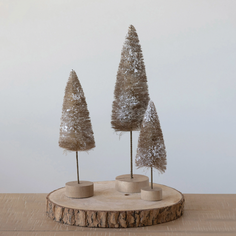 Sisal Bottle Brush Tree with Snow and Wood Base